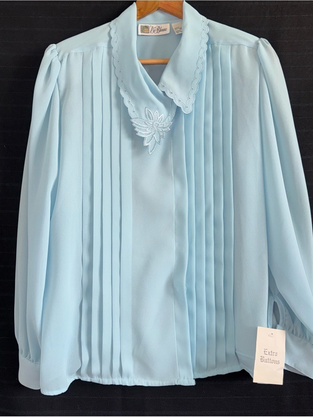 Light Blue Vintage Embroidered Collar La Blouse Pleated L/S 12 Secretary 70s New